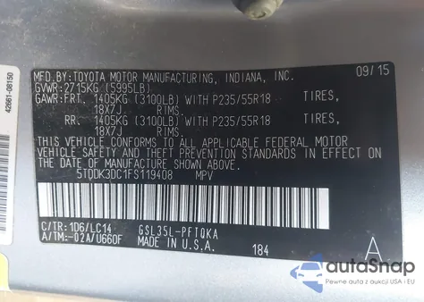 2015 Toyota Sienna Xle 7 Passenger z USA, uszkodzony, nr VIN 5TDDK3DC1FS119408